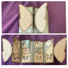 three different images of pillows with butterfly designs on them, one is folded and the other has