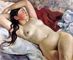 a painting of a naked woman laying on a bed