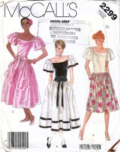 MCCALL'S 2299: Use this mid-1980s vintage sewing pattern for misses to sew a beautiful formal or party dress with a drop waist and a full skirt. SIZE INFORMATION: Choose from one of the following single-size patterns: Misses Size 6 Bust 30.5 inches Waist 23 inches Hip 32.5 inches PATTERN CONDITION: COMPLETE, UNUSED (includes instructions and all pattern pieces, which are uncut and in original factory folds) Misses Size 10 Bust 32.5 inches Waist 25 inches Hip 34.5 inches PATTERN CONDITION: COMPLE 80s Vintage Fashion, 80s Party Dress, Vintage Clothes Patterns, Sewing With Nancy, Drop Waist Dress, Shirtwaist Dress, Full Skirt Dress, Mccalls Sewing Patterns, 1980s Fashion