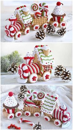 crocheted christmas train with pine cones and candy canes on the front, and in the back