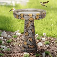 two birds are flying over a bird bath in the middle of some grass and rocks