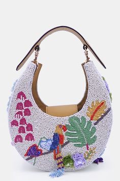 Cream and multi color clutch style bag crafted in satin with all over enchanted garden embroidery using multi colored beads embellishments and sequin-beads tassels detailing. Comes with a detachable shoulder handle made with leather. - Aza Fashions Unique Hand Bags, Purse Wishlist, Beaded Leather Bag, Fancy Clutch Purse, Women's Purses, Fancy Clutch, Hand Painted Purses, Beads Tassels, Fancy Purses