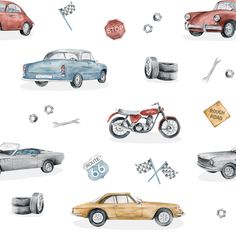 a watercolor drawing of cars, motorcycles and other things on a white wallpaper