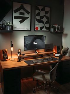 A modern desk setup with warm ambient lighting, wooden accents, high-quality speakers, and stylish wall art. The workspace includes a sleek monitor with a "Do More" screensaver and a comfortable ergonomic chair. Pc Setup