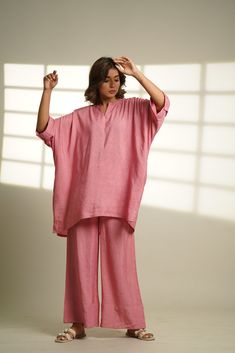 Introducing our Linen Oversized Loungewear Set. Elevate your fall wardrobe with a comfy and stylish ensemble comprising a long-Introducing our Linen Oversized Loungewear Set - the epitome of cozy elegance for your fall wardrobe! Embrace comfort and style with this delightful ensemble featuring a loose half sleeves top and matching long pants. Crafted from the luxurious Viscose linen, this set effortlessly combines warmth and breathability for the perfect autumn companion. Specifications: Length Pink Relaxed Fit Sets For Daywear, Pink Casual Sets For Relaxation, Casual Pink Sets For Relaxation, Casual Linen Pant Set For Loungewear, Relaxed Fit Sets For Spring, Summer Linen Loungewear Pant Set, Relaxed Fit Pink Sets For Vacation, Oversized Long Sleeve Sets For Daywear, Relaxed Fit Sleep Sets