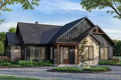 this is an artist's rendering of a house in the country style with stone and wood accents