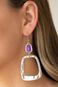 An oversized square hoop, delicately hammered for a shiny texture, dangles from a rectangular purple bead pressed into a silver frame for a dramatic modern material girl display. Earring attaches to a standard fishhook fitting. Live Text, Mod Earrings, Shiny Texture, Mobile Boutique, Purple Earrings, Paparazzi Accessories, Material Girl, Paparazzi Jewelry, Material Girls