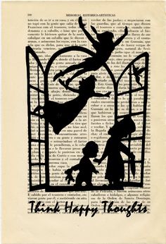 an old book page with the silhouettes of two people and a dog on it