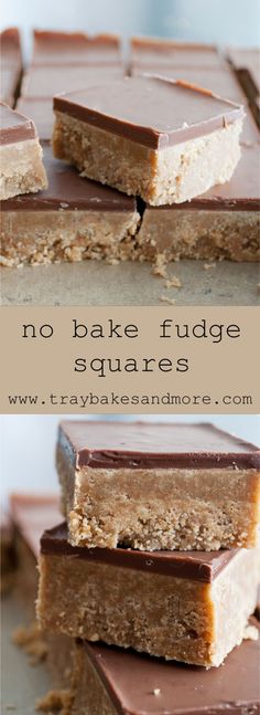 no bake fudge squares are stacked on top of each other with the words, no bake fudge squares