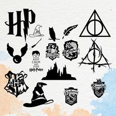 harry potter hogwarts symbols on watercolor paper