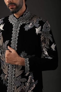 Buy Black Silk Velvet Embroidered Resham Sherwani For Men by Rohit Bal Online at Aza Fashions. Sherwani Black, Velvet Sherwani, Resham Embroidery, Sherwani For Men