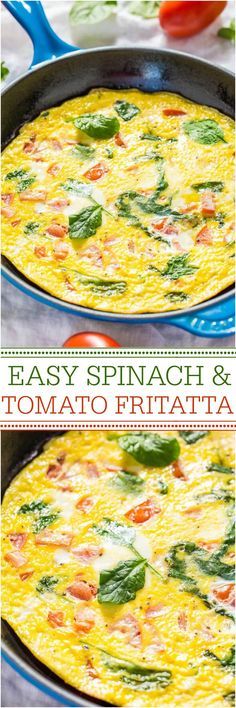 easy spinach and tomato frittata in a cast iron skillet