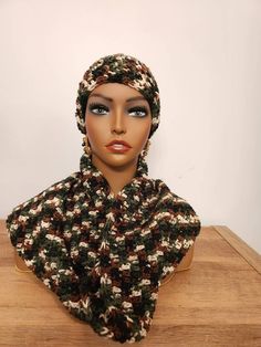 "Two layers of warmth & two stylish ways to wear this handmade Hat and scarf set. Perfect for fall and winter weather. One size fits all. Color- \"Camouflage\"" Alpha Phi Alpha Fraternity, Alpha Fraternity, Fair Isle Hat, Camouflage Hat, Hat And Scarf Set, Crochet Dishcloth, Elegant Hats, Hat And Scarf Sets, Hat And Scarf