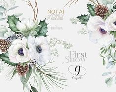 a watercolor christmas card with holly, anemones and pine cones