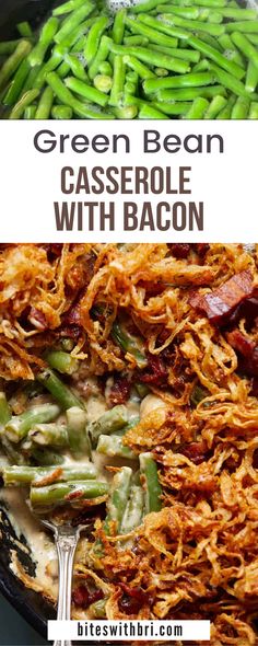 green bean casserole with bacon in a cast iron skillet