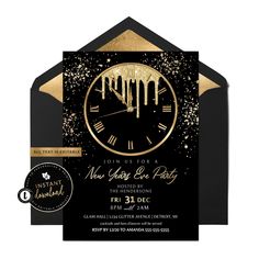 a black and gold new year's eve party card with a clock on it