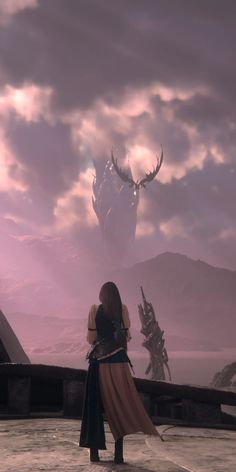 a woman standing in front of a giant creature with horns on her head and long hair