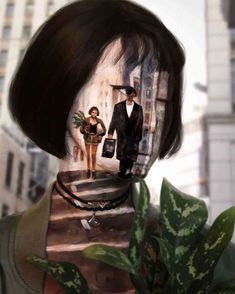 a woman's face with an image of two people walking down the street