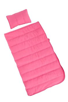 a pink sleeping bag and pillow on a white background