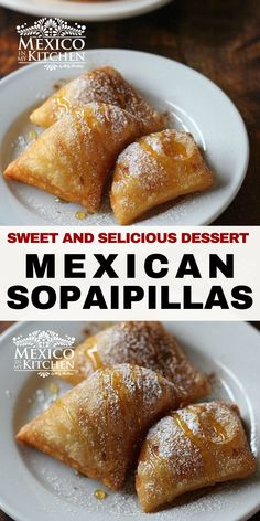 mexican sopapillas with sweet and delicious dessert toppings on them are served in white plates