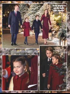 the family is dressed in red and blue for their christmas day holiday celebrations, while they walk through the snow - covered trees