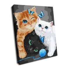 three cats with blue eyes and one orange cat are on a black background canvas print