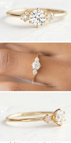 three different views of an engagement ring with diamonds on the side and in between them