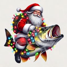 santa claus is holding a fish with christmas lights on it