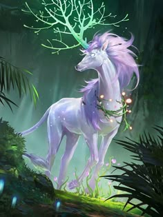 a white unicorn standing on top of a lush green forest filled with trees and lights