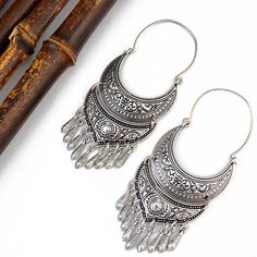 Greek Goddess Boho Earrings Silver Nickel-free Drop Tassel Earrings, Bohemian Sterling Silver Chandelier Earrings For Festivals, Bohemian Drop Earrings With Fish Hook, Silver Metal Tassel Drop Earrings, Antique Silver Bohemian Earrings, Oxidized Metal Drop Chandelier Earrings, Bohemian Oxidized Chandelier Drop Earrings, Bohemian Silver Tassel Earrings, Metal Fish Hook Earrings