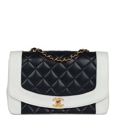 This Vintage Small Diana flap bag is in navy and white lambskin leather with gold plated hardware, front flap with CC turnlock closure, and interwoven gold plated chain link and navy leather shoulder/crossbody strap The interior is lined in navy leather with one slip pocket and one zip pocket on back wall. Collection: 2-series (1991-1994)Origin: FranceCondition: Vintage; Excellent to Mint - this bag retains its structure. There are light signs of wear on the exterior leather. The interior is cle Card Measurements, Handbag Wallet, Navy Leather, Wallet Accessories, Sierra Leone, Vintage Chanel, Gold Plated Chains, Flap Bag, White Bag