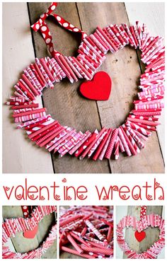 a heart shaped wreath made out of rolled up clothes pegs on a wooden floor