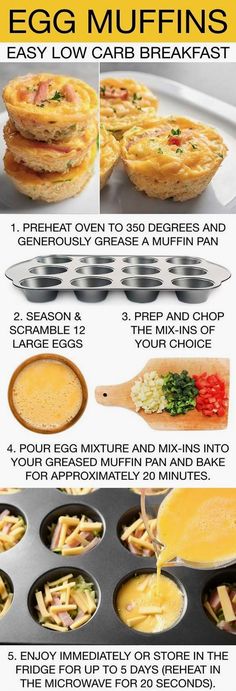 an egg muffin recipe is shown with instructions to make it in the oven, and then