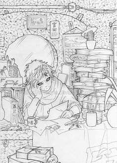 a black and white drawing of a person sitting at a table with stacks of books