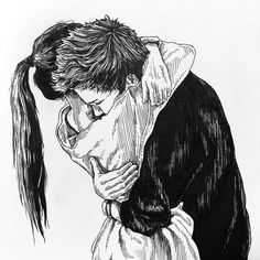 a black and white drawing of a man holding a woman's head in his arms