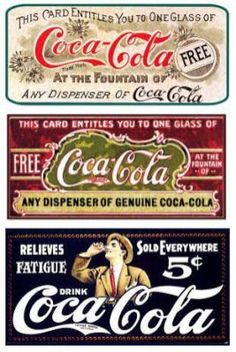 three different types of coca - cola signs are shown in four different colors and styles