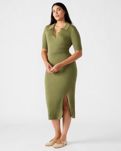 Expertly crafted for a sleek and modern look, the LINDY dress offers a fitted body with a short-sleeved design and collar. The textured stitching adds a touch of sophistication, while the front slit adds a subtle edge. Perfect for any occasion, this dress will elevate your style game. Short-sleeved dress with slit Ribbed knit midi dress Collared neckline 100% rayon Hand wash Stephanie is 5ft 10in and is wearing a size large Payton is 5ft 10in and is wearing a size small Imported Never Fully Dressed, Knit Midi, Knit Midi Dress, Petite Dresses, Collar Dress, Knit Dress, Steve Madden, Ribbed Knit, Casual Dresses