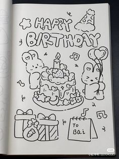 a coloring book with an image of a birthday cake and presents on it's page