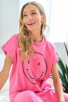 Hot Pink Sweatshirt, Trending Tops, Smiley Face Design, The Smile, Jumpsuit Shorts Rompers, Face Design, Pink Sweatshirt, Chic Boutique, Smile Face