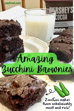 chocolate brownies are stacked on top of each other next to a glass of milk