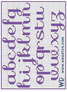 a cross stitch pattern with the words, numbers and symbols in purple on a white background