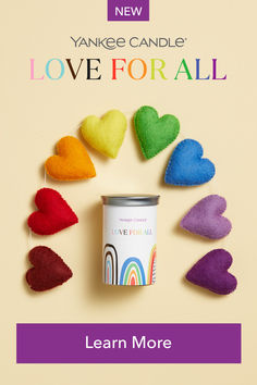 a can of love for all is surrounded by hearts and rainbow - colored felts