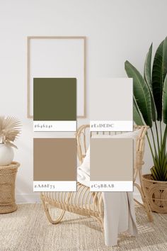 a room with neutrals and greens in shades of green, brown, beige, and white