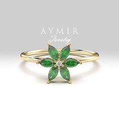 Emerald and Diamond Ring, Dainty Emerald Ring, Minimalist Gold Ring, Flower Emerald Ring, May Birthstone Ring, Birthday Gifts, Gift For Her ♦ If you want this ring with color gemstones, please send us a message, and we will quote you a price with your desired stones. ♥ ♦ Ring Features ♦ ▸ Made to Order ▸ Available Gold Color: Yellow Gold, Rose Gold, White Gold ▸ Band Width: 1.20mm ▸ Material: Solid Real Gold (not gold-filled or no gold plated) ▸ Available Gold Carat: 8K - 333, 14K - 585, 18K - 7