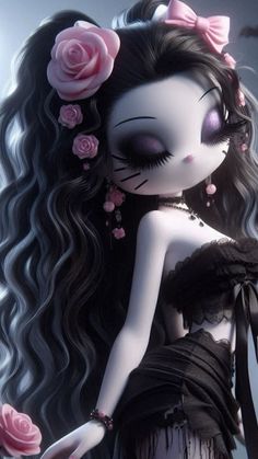 a doll with long black hair and pink roses in her hair is wearing a dress