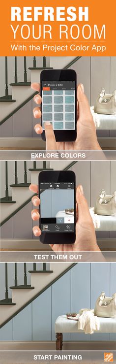 a person holding a cell phone in their hand and pointing to the screen with text that reads, refresh your room with the project color app