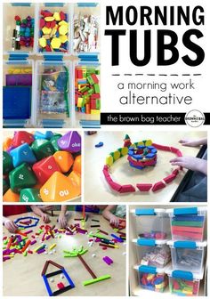 several different pictures with the words morning tubs on them and toys in bins