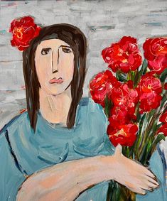 a painting of a woman with flowers in her hand