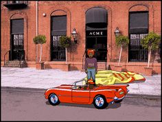 a man standing on top of an orange car with a surfboard strapped to it