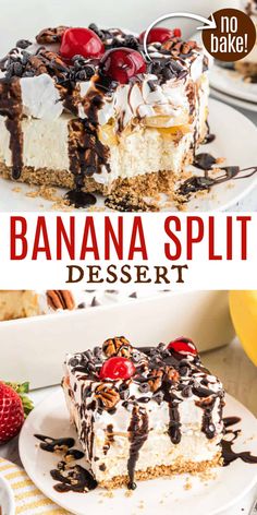 this no bake banana split dessert is so good and it's ready to be eaten